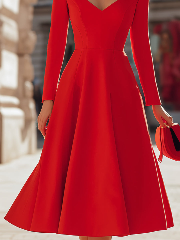 Olivia Bennet | Elegant Red V - Neck Midi Fit - And - Flare Dress
