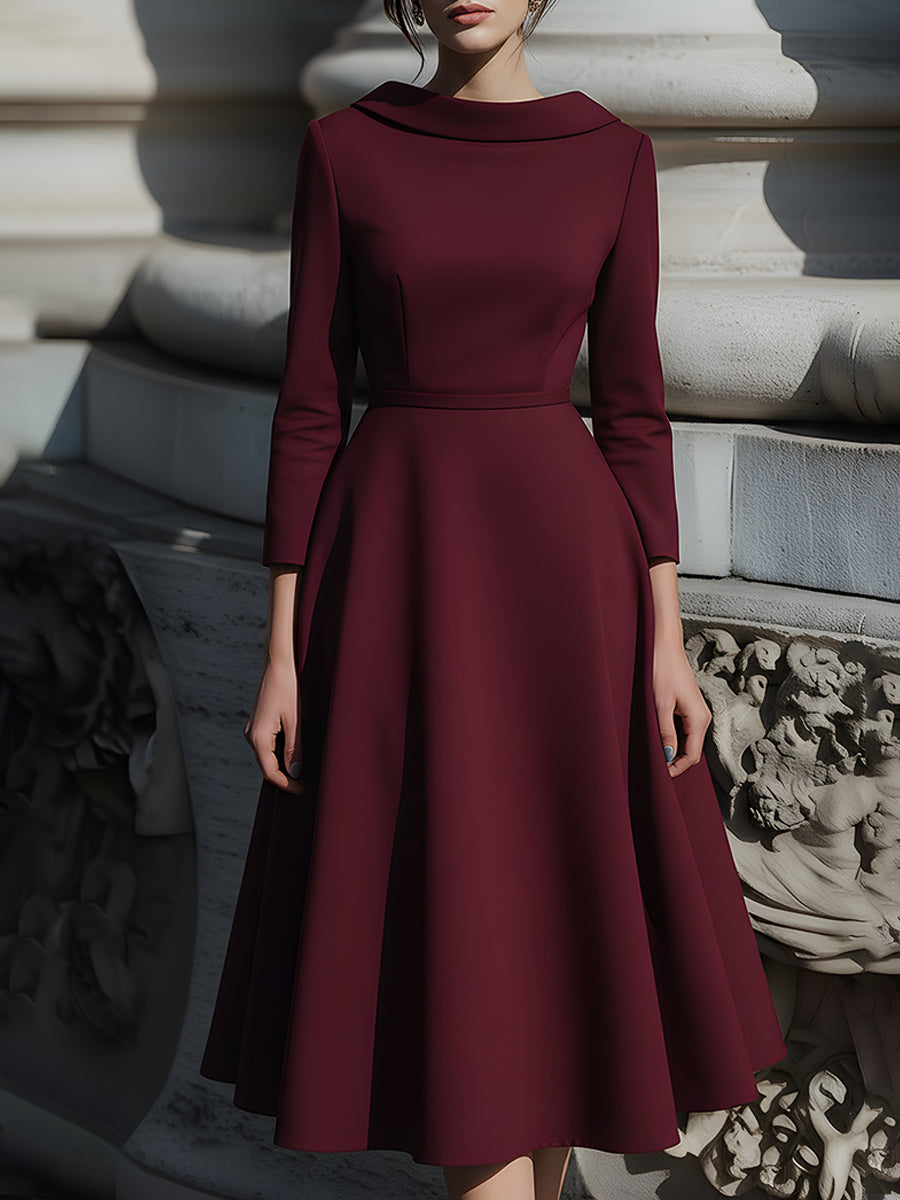 Olivia Bennet | Burgundy Structured Boat-Neck Midi Dress