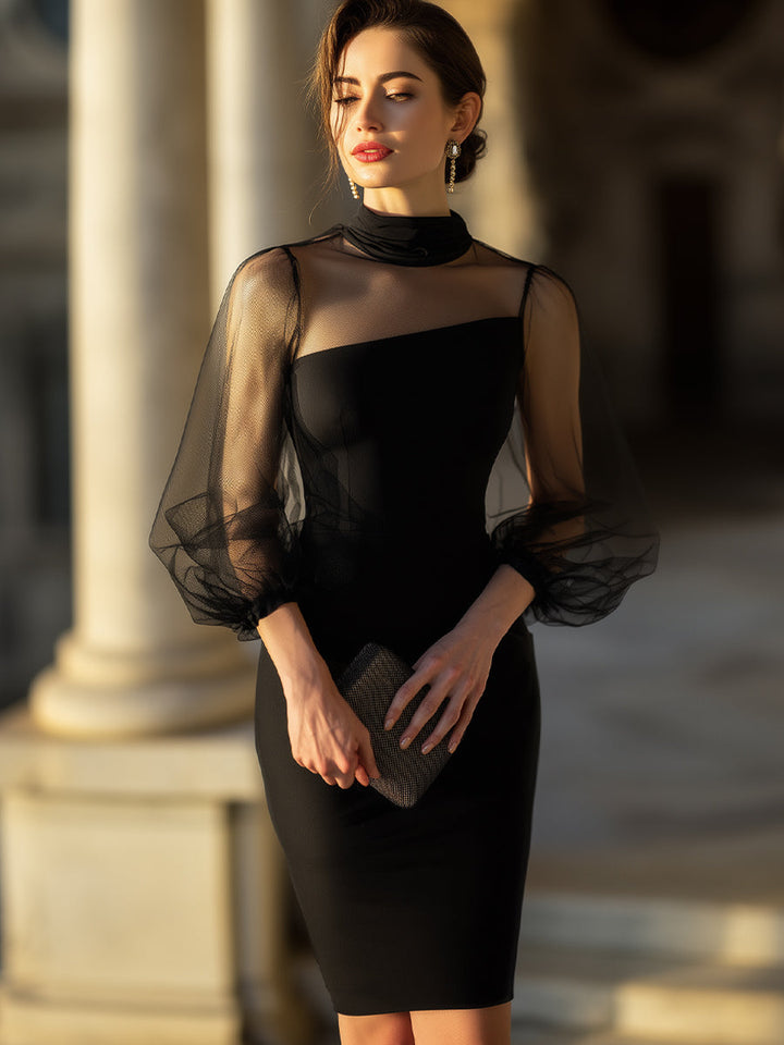 Olivia Bennet | Black Sheer-Sleeve High-Neck Satin Cocktail Dress