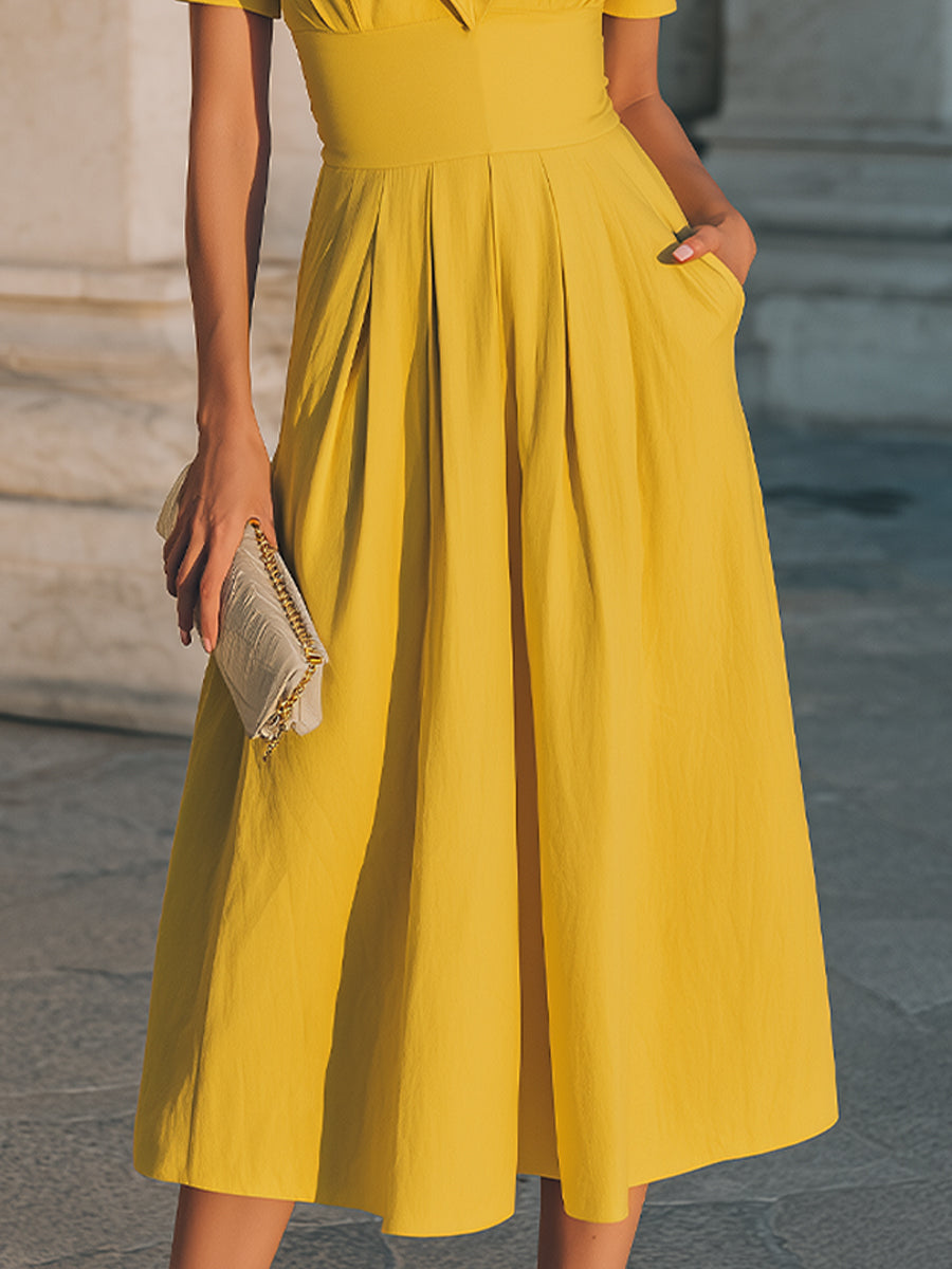 Olivia Bennet | Ivory Collared, Structured-Waist Cotton Midi Dress