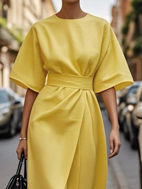 Olivia Bennet | Loose Short Sleeves Pleated Solid Color Split-Joint Round-Neck Midi Dresses