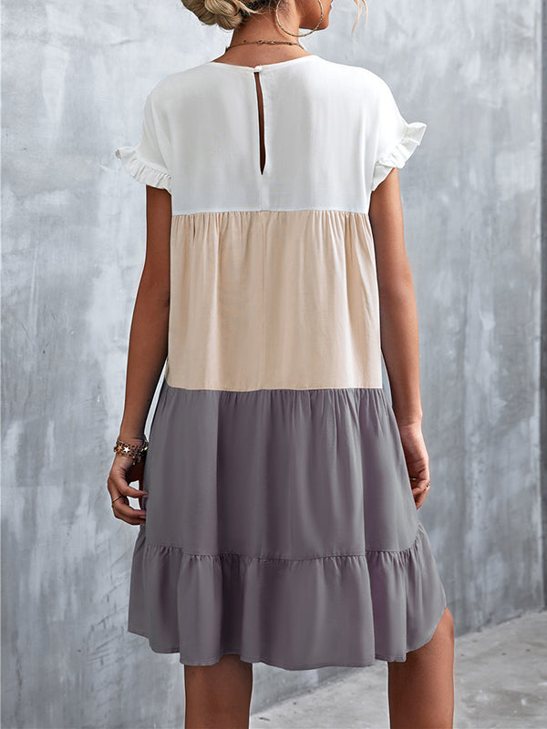 Olivia Bennet | Loose Ruffle Sleeves Contrast Color Falbala Pleated Split-Joint Round-Neck Mini Dresses