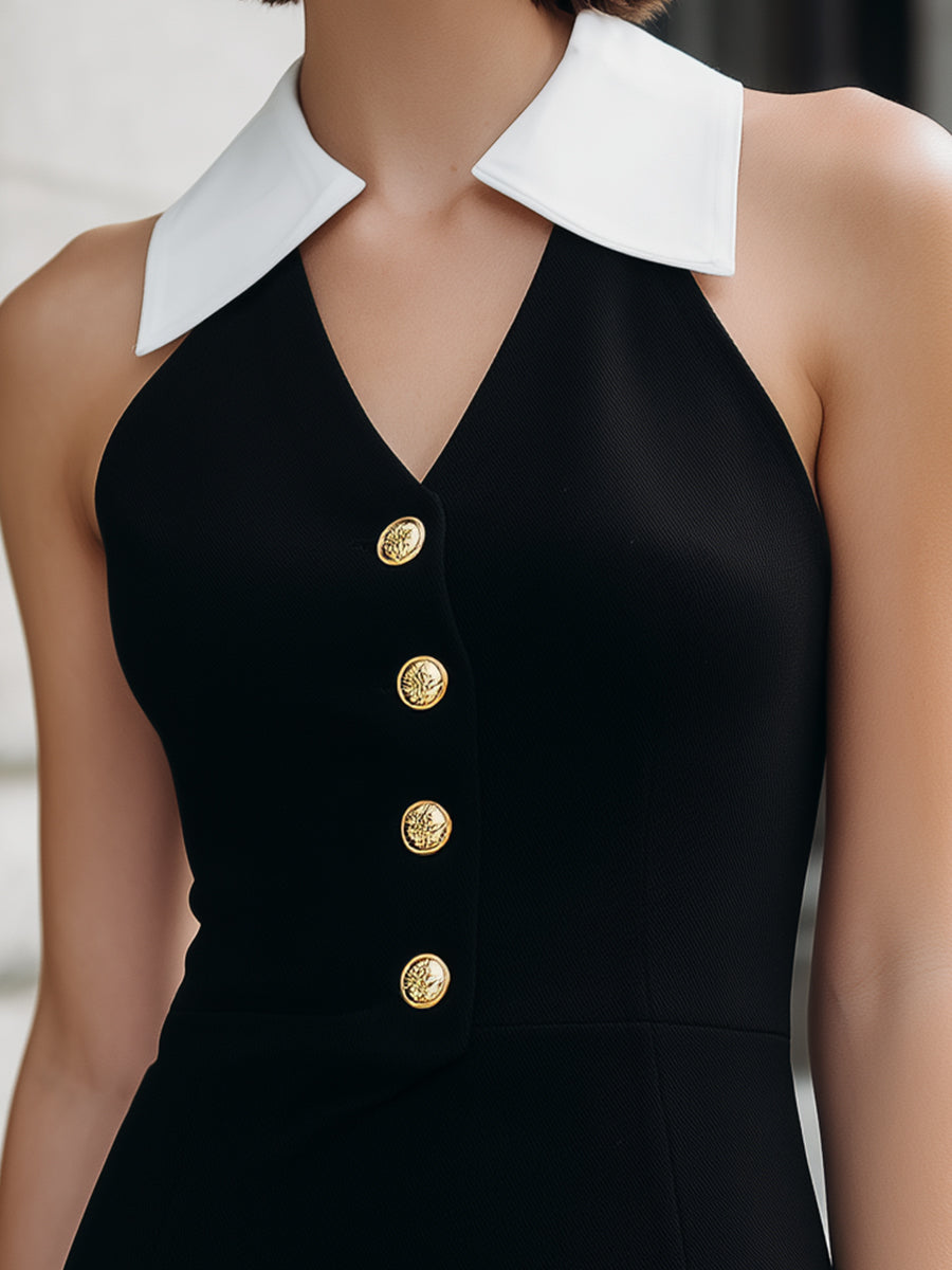 Olivia Bennet | Black Halter Neck, Contrast White Collar Mini Dress