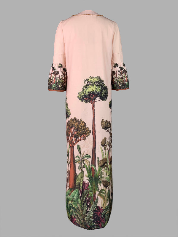 Olivia Bennet | Flared Sleeves Loose Leaves Print V-Neck Maxi Dresses