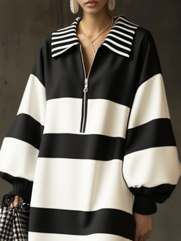 Olivia Bennet | Long Sleeves Puff Sleeves Contrast Color Striped Zipper Lapel Mini Dresses