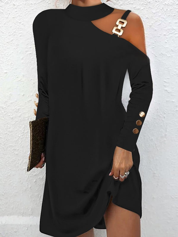 Olivia Bennet | Long Sleeves Loose Asymmetric Buckle Buttoned Hollow One-Shoulder Mini Dresses