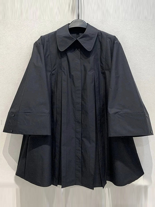 Olivia Bennet | Long Sleeves Buttoned Pleated Solid Color Lapel Midi Dresses Shirt Dress