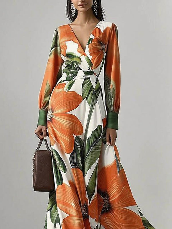 Olivia Bennet | Long Sleeves Loose Flower Print Pleated V-Neck Maxi Dresses