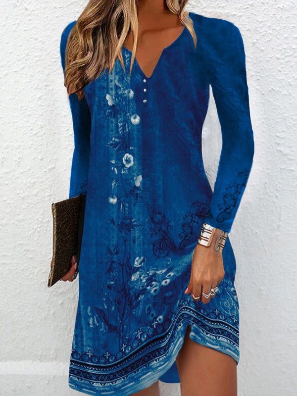 Olivia Bennet | Long Sleeves Loose Floral Printed V-neck Maxi Dresses Mini Dresses