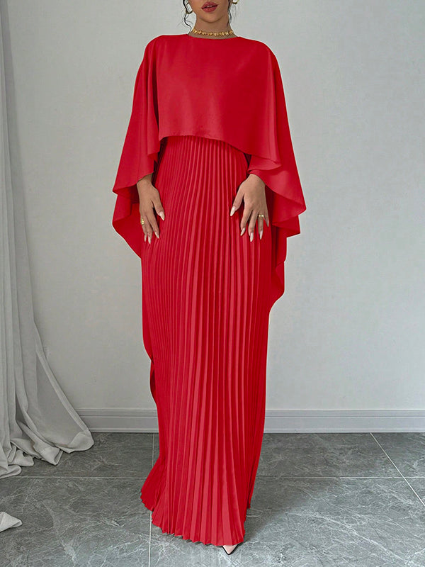 Olivia Bennet | Cape High-Low Pleated Solid Color Split-Joint Round-Neck Evening Dresses Maxi Dresses