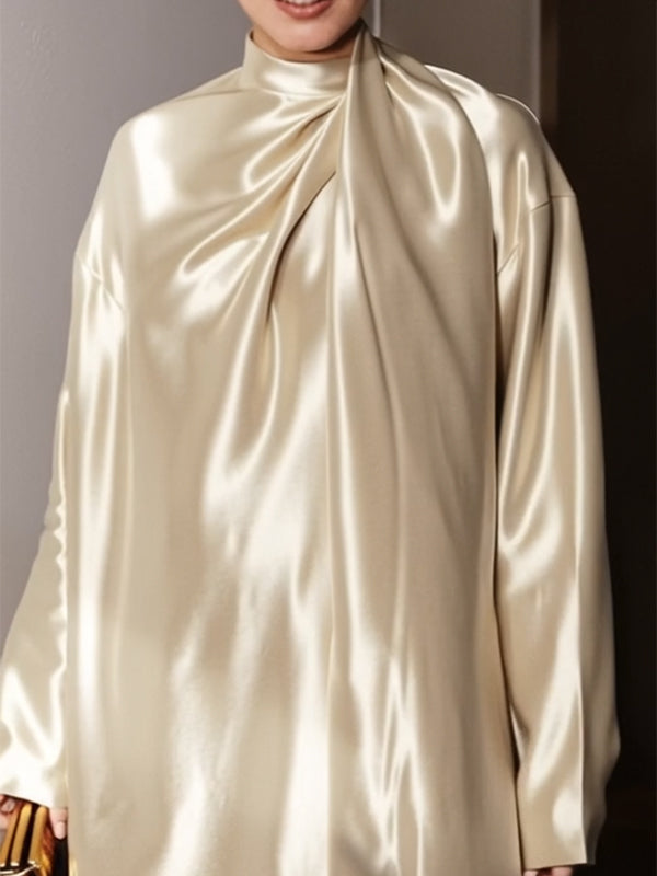 Olivia Bennet | Long Sleeves Loose Shiny Solid Color High Neck Mini Dresses