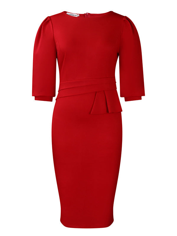 Olivia Bennet | Bodycon Half Sleeves Pleated Solid Color Split-Back Split-Joint Zipper Round-Neck Midi Dresses