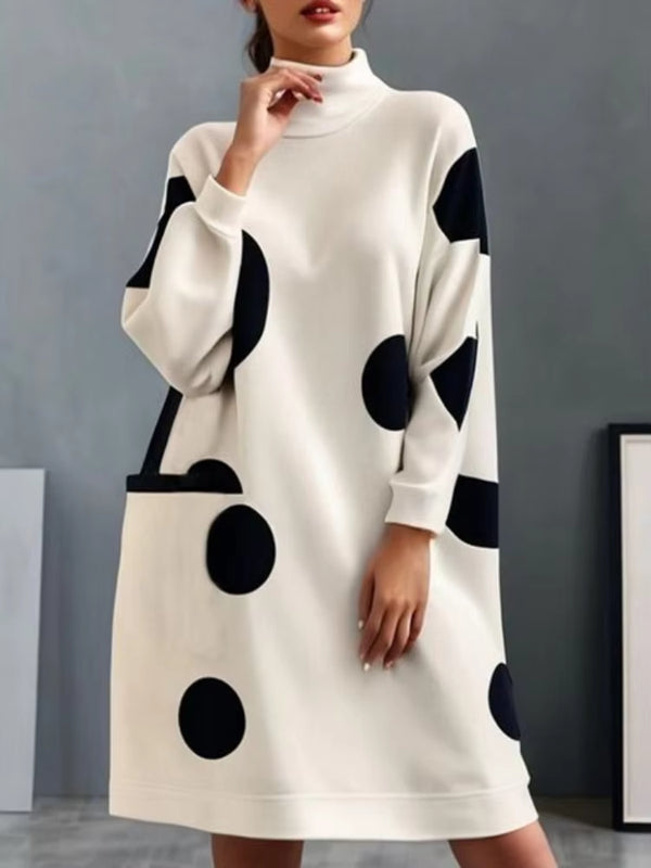 Olivia Bennet | Long Sleeves Loose Pockets Polka-Dot High Neck Midi Dresses