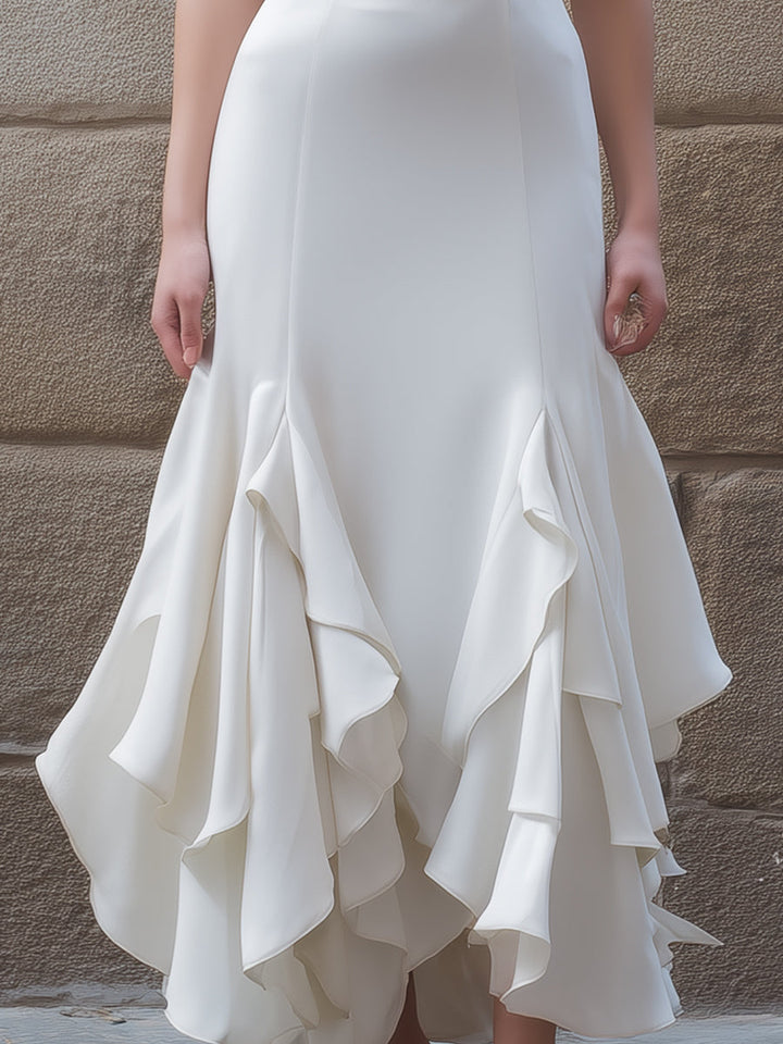 Olivia Bennet | White Ruffled-Hem Structured V-Neck Midi Gown
