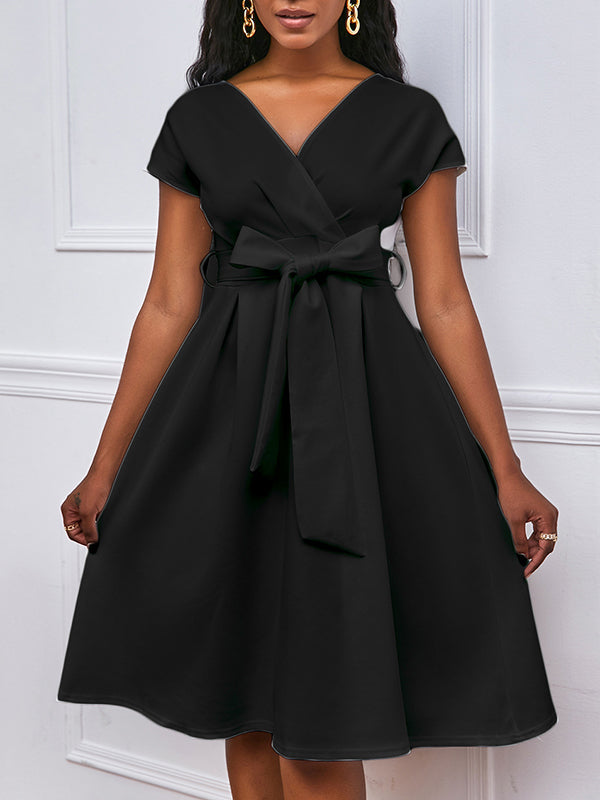 Olivia Bennet | Bowknot Lace-Up Solid Color V-Neck Midi Dresses