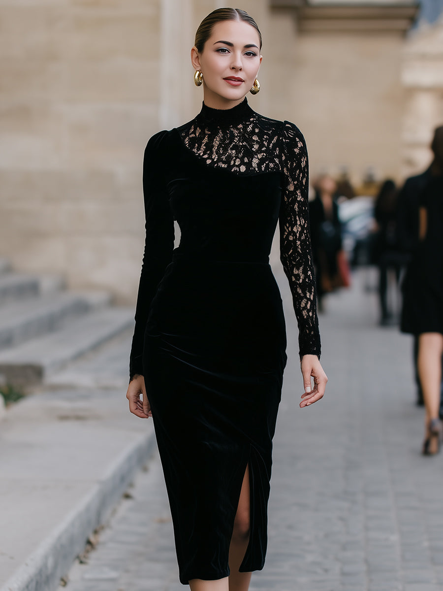 Olivia Bennet | High-Neck Lace-Panel Velvet Midi Dress