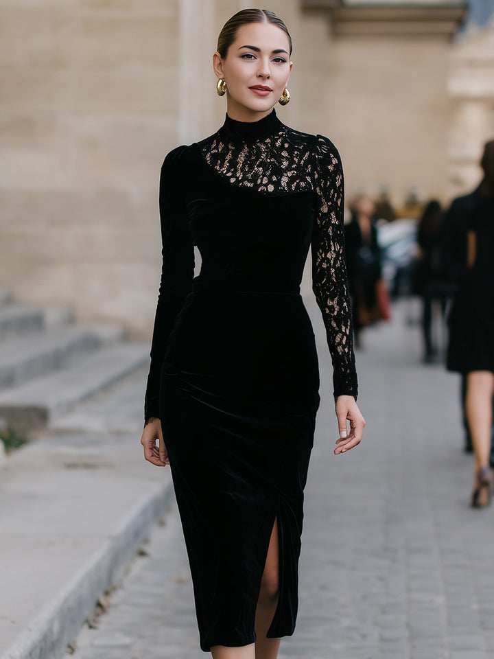 Olivia Bennet | High-Neck Lace-Panel Velvet Midi Dress