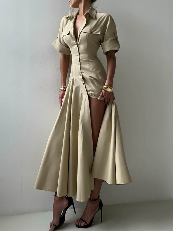 Olivia Bennet | Short Sleeves Buttoned Solid Color Lapel Maxi Dresses Shirt Dress