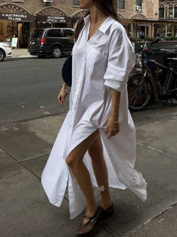 Olivia Bennet | Long Sleeves Loose Buttoned Solid Color Split-Side Lapel Maxi Shirt Dress