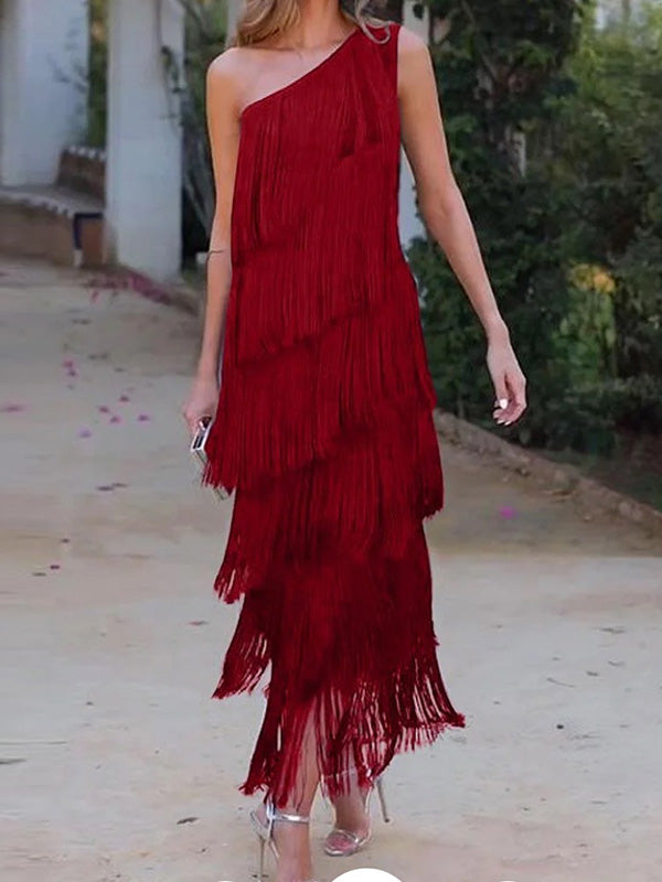 Olivia Bennet | Loose Sleeveless Asymmetric Solid Color Split-Joint Tasseled One-Shoulder Maxi Dresses