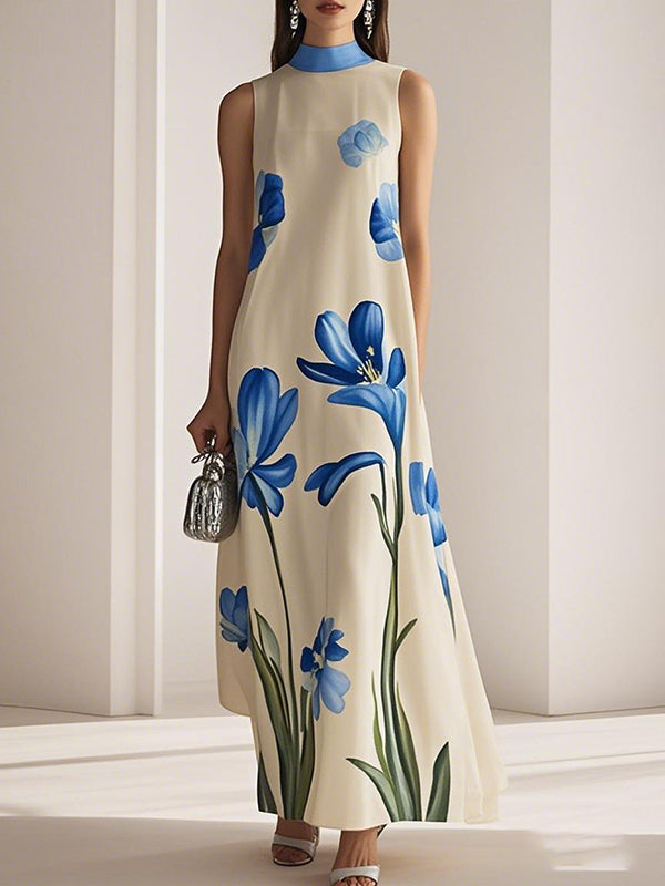 Olivia Bennet | Loose Sleeveless Flower Print Mock Neck Maxi Dresses