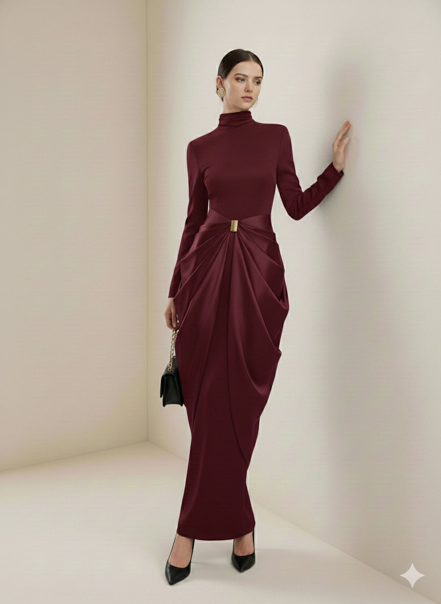 Olivia Bennet | Long Sleeves Buckle Draped High-Neck Evening Dresses Maxi Dresses