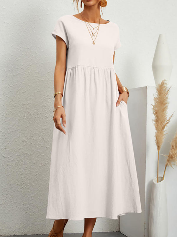 Olivia Bennet | Loose Short Sleeves Pleated Solid Color Round-Neck Midi Dresses