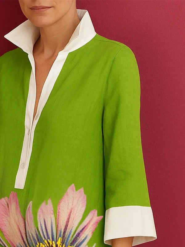 Olivia Bennet | Loose Three-Quarter Sleeves Buttoned Contrast Color Flower Print Lapel Mini Dresses