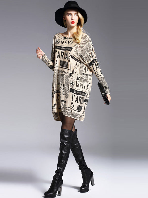 Olivia Bennet | Vintage Loose One-Shoulder Newspaper Printed Split-Joint Sweater