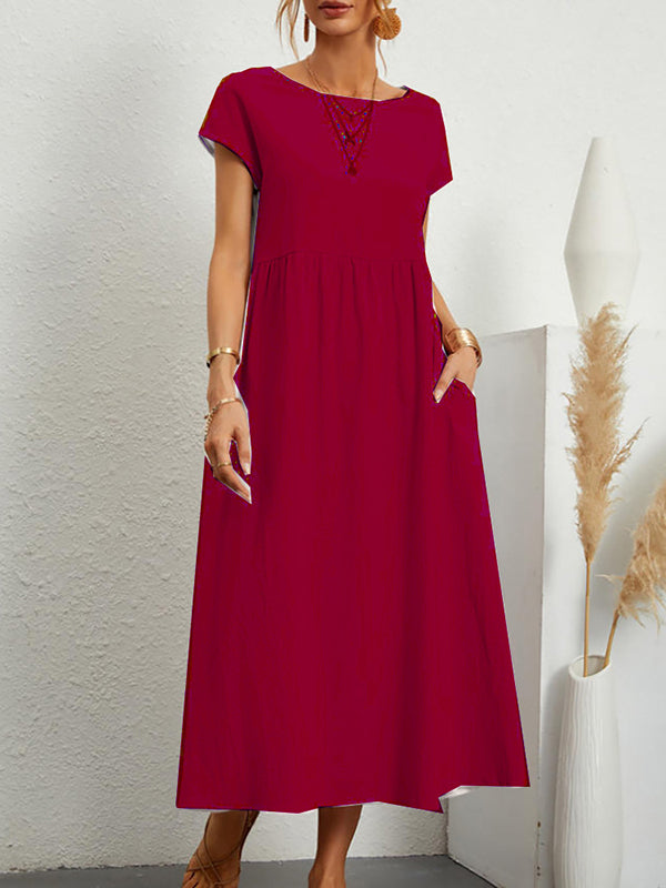 Olivia Bennet | Loose Short Sleeves Pleated Solid Color Round-Neck Midi Dresses