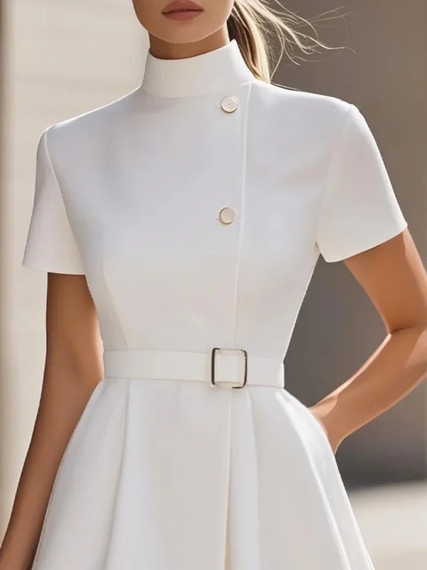 Olivia Bennet | Short Sleeves Belted Buttoned Solid Color Stand Collar Mini Dresses