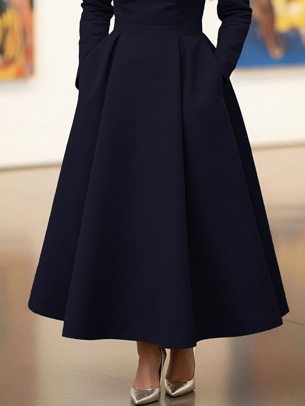 Olivia Bennet | A-Line High Waisted Pleated Pockets Solid Color V-Neck Maxi Dresses