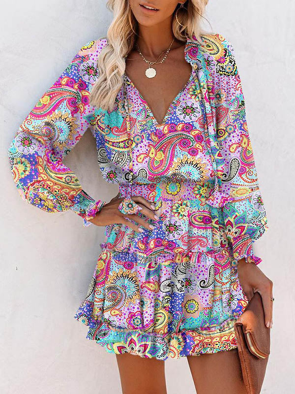 Olivia Bennet | A-Line Long Sleeves Contrast Color Flower Print Pleated Split-Joint Tied V-Neck Mini Dresses