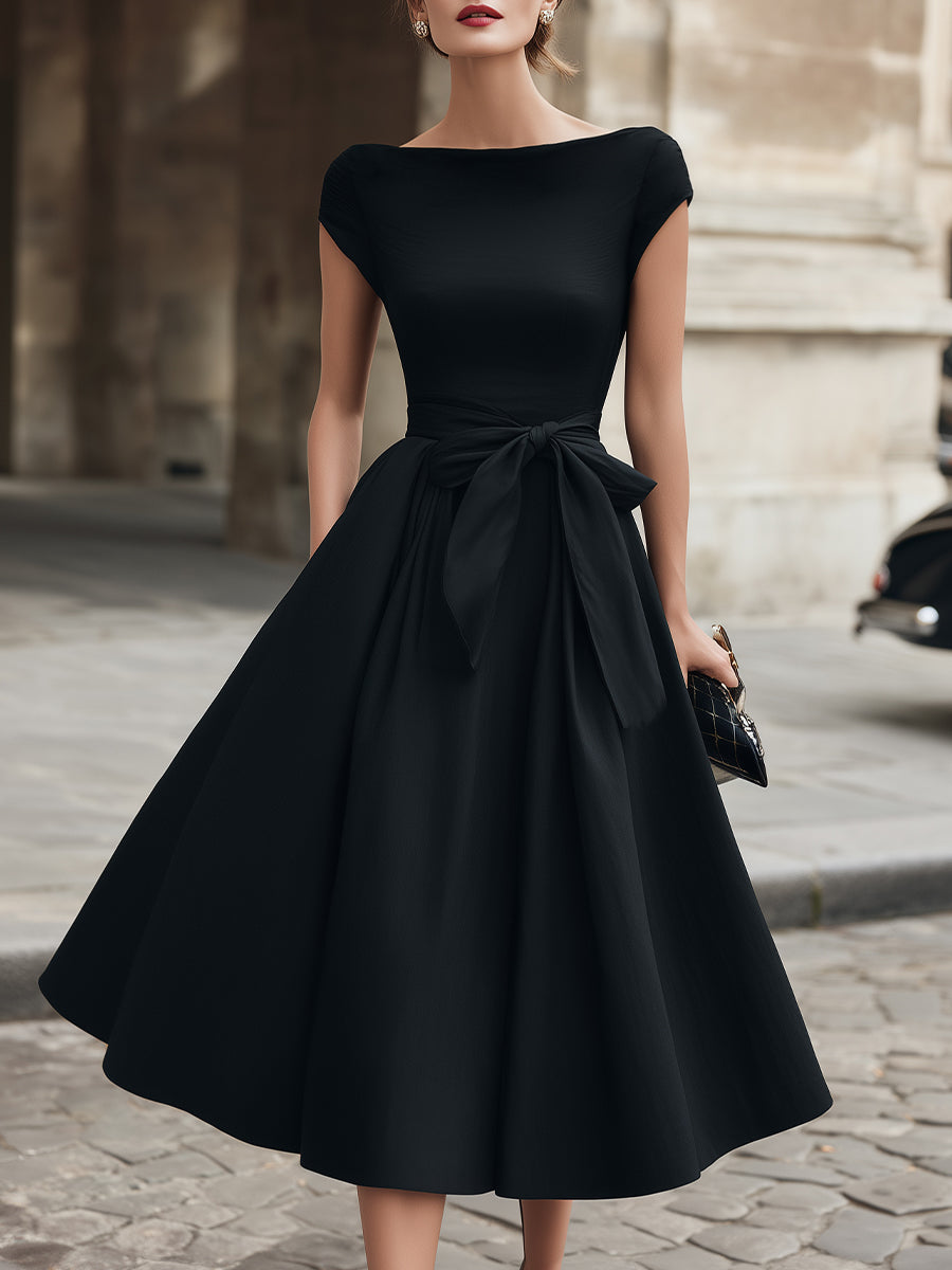 Olivia Bennet | Cap-Sleeve Bow-Waist Midi Dress