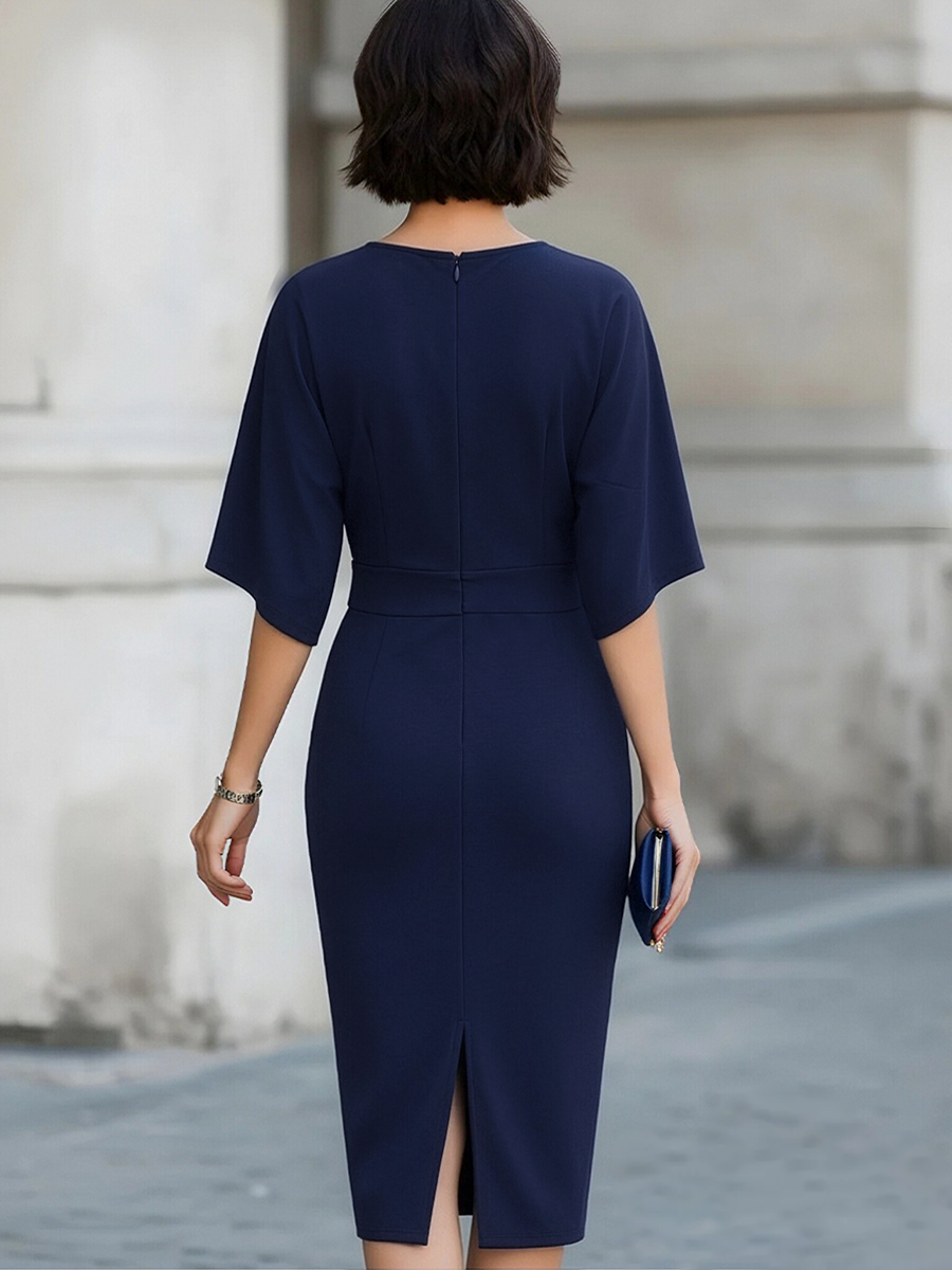 Olivia Bennet | Elegant Navy Blue Batwing Sleeve Midi Sheath Dress