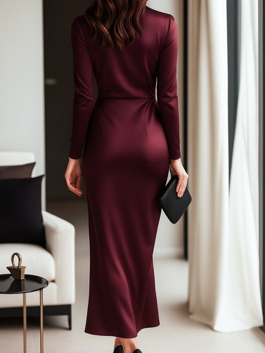 Olivia Bennet | Burgundy Wrap Waist-Tie Satin Dress