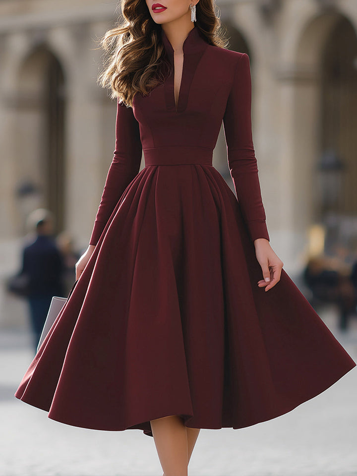 Olivia Bennet | Burgundy V-Neck Full-Skirt Midi Dress