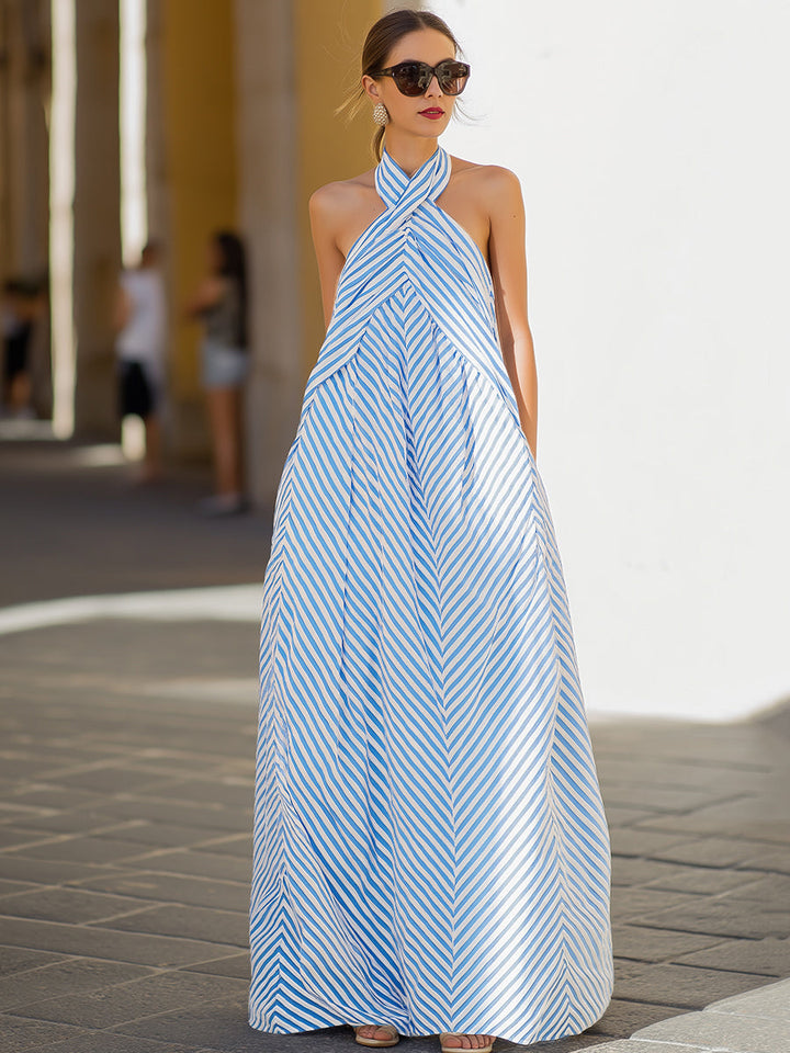 Olivia Bennet | Nautical Stripe Halter Neck Maxi Dress