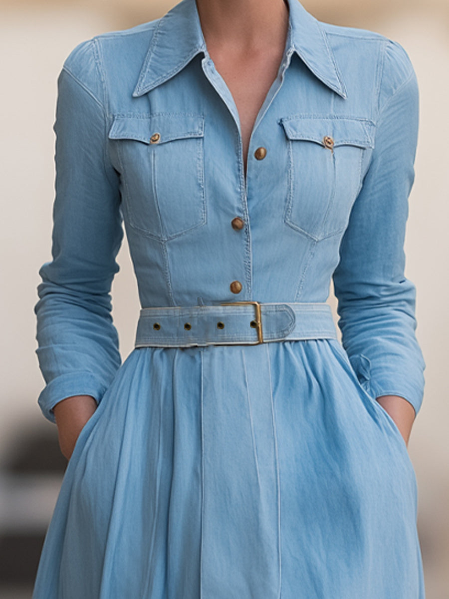 Olivia Bennet | Classic Belted Denim Shirt Dress With Full Skirt