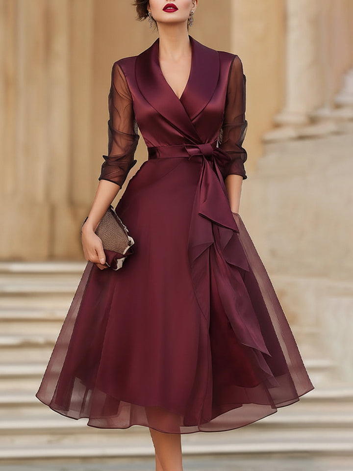 Olivia Bennet | Elegant Wrap Midi Dress With Sheer Sleeves
