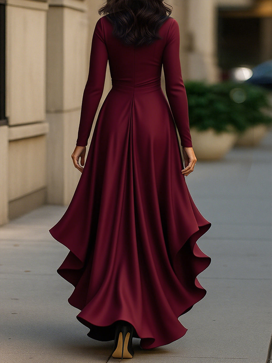 Olivia Bennet | Midnight Blue Draped Satin Maxi Dress With Ruffle Details
