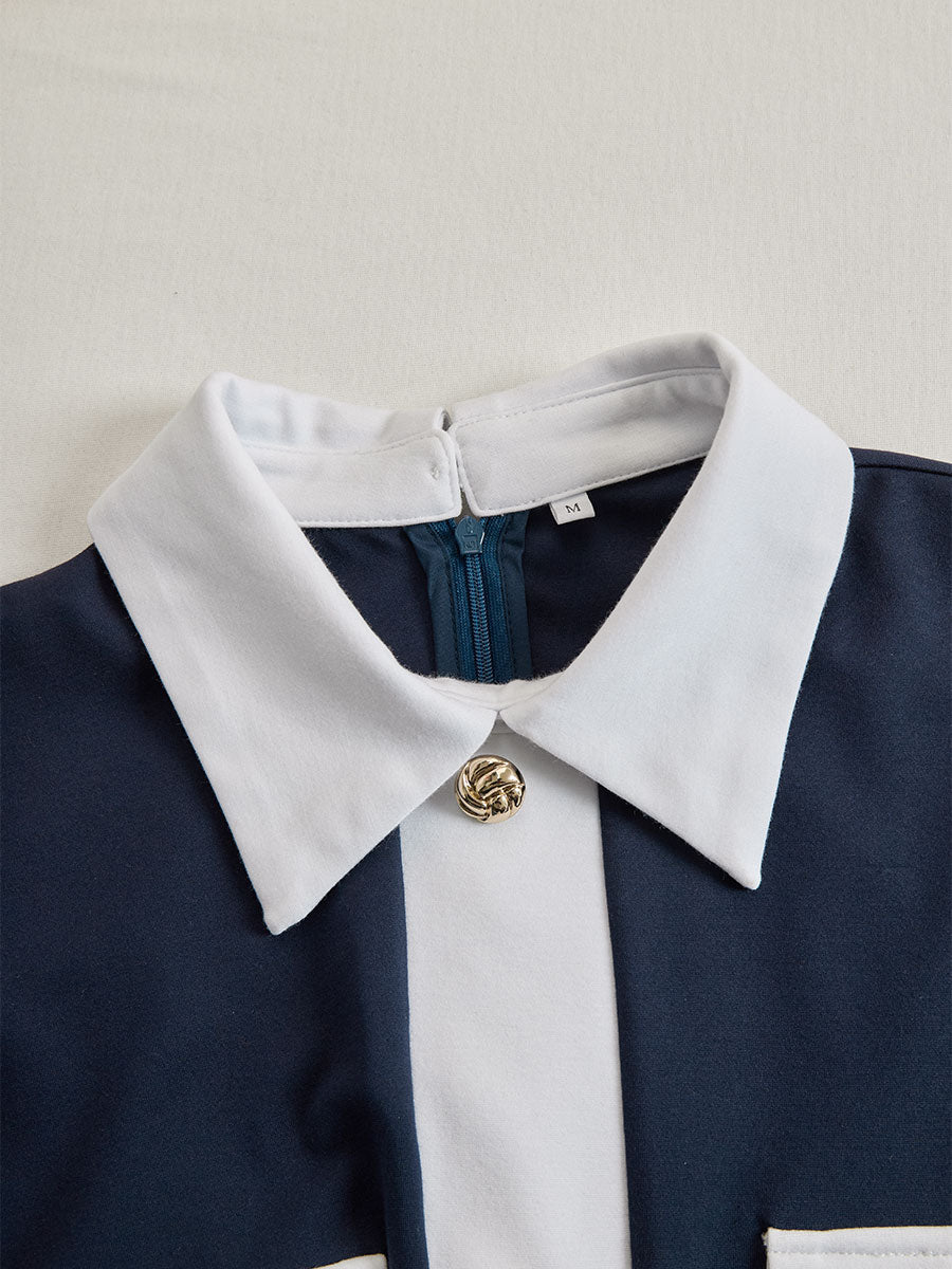 Olivia Bennet | Elegant Navy & White Contrast Button-Up Midi Dress