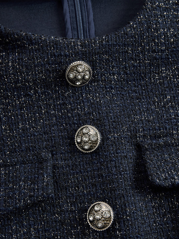 Olivia Bennet | Navy Embellished-Button Midi Tweed Dress