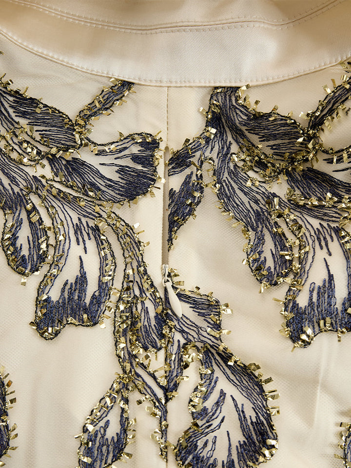 Olivia Bennet | Metallic Leaf Embroidered Mesh Midi Dress