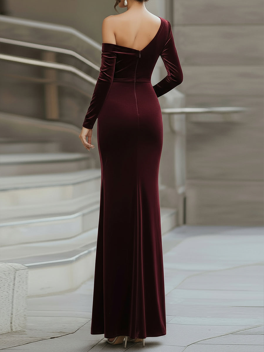 Olivia Bennet | Burgundy One-Shoulder Velvet Evening Gown