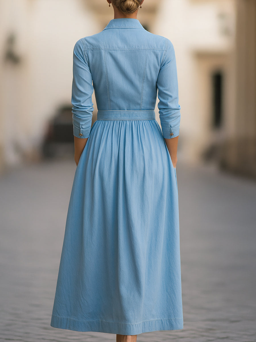 Olivia Bennet | Indigo Belted A-Line Denim Dress