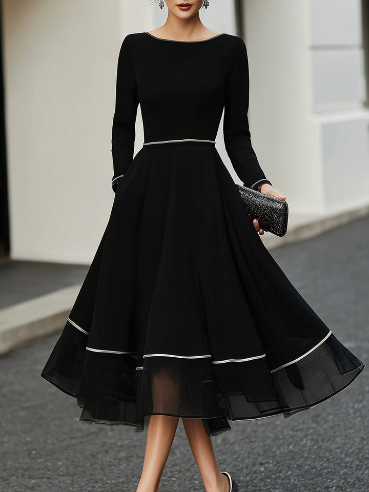 Olivia Bennet | Long Sleeve Contrast Trim Midi Dress With Flared Skirt