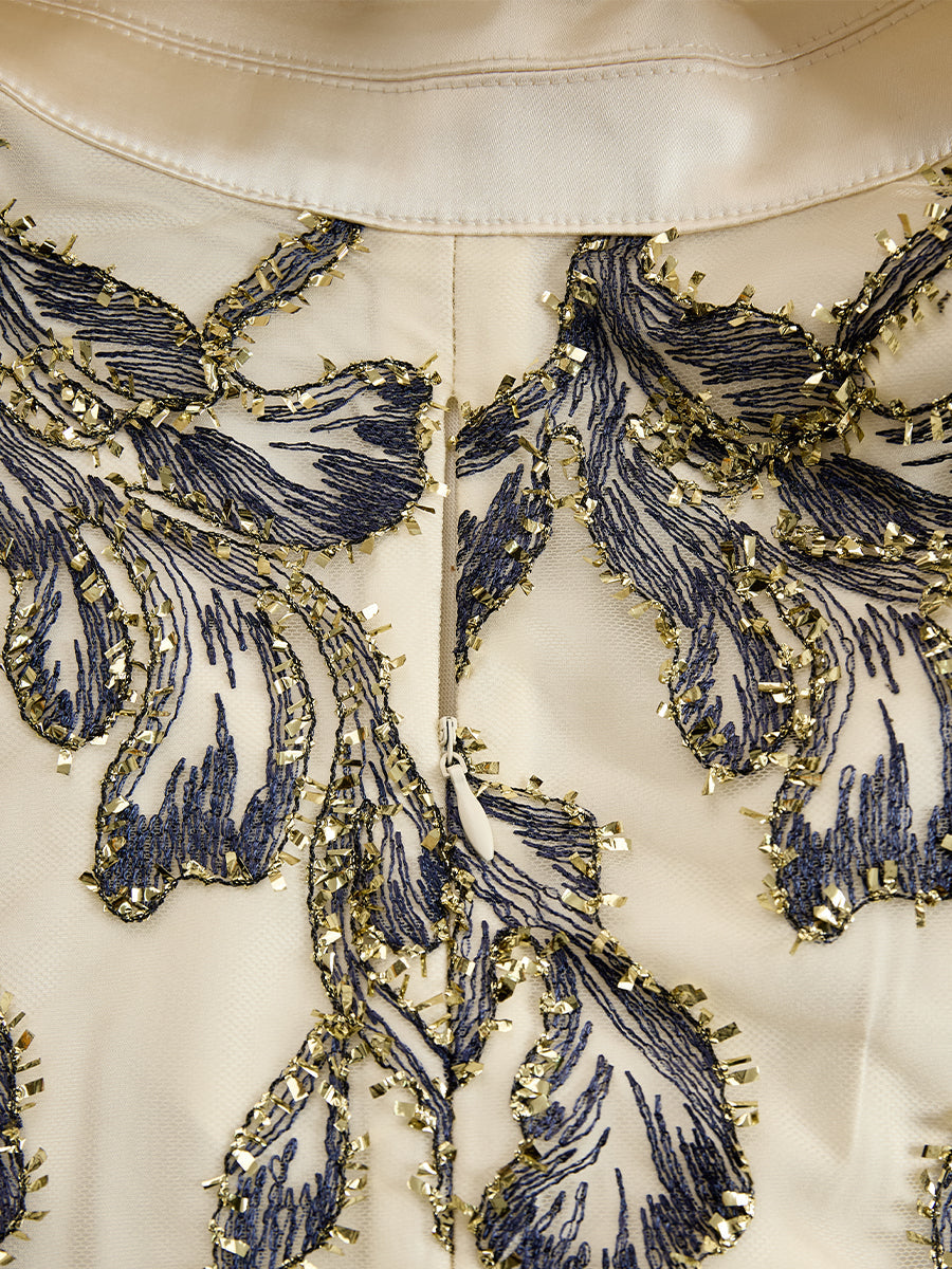 Olivia Bennet | Olivia Bennet Embroidered Mesh Midi Dress With Metallic Leaf Motif