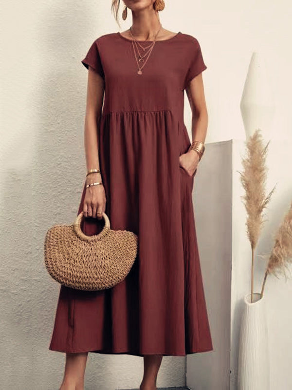 Olivia Bennet | Loose Short Sleeves Pleated Solid Color Round-Neck Midi Dresses
