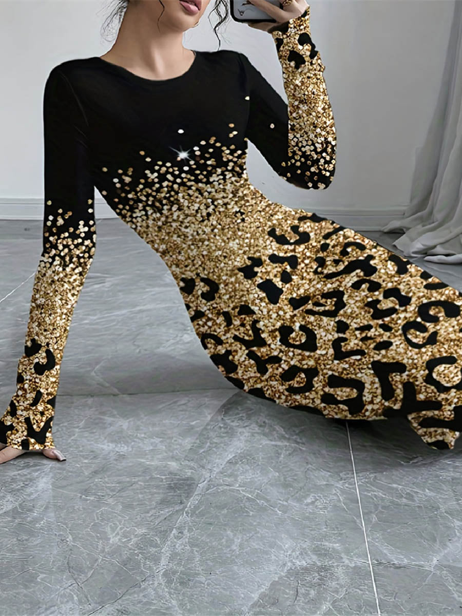 Olivia Bennet | Bodycon Long Sleeves Contrast Color Leopard Shiny Split-Joint Round-Neck Midi Dresses